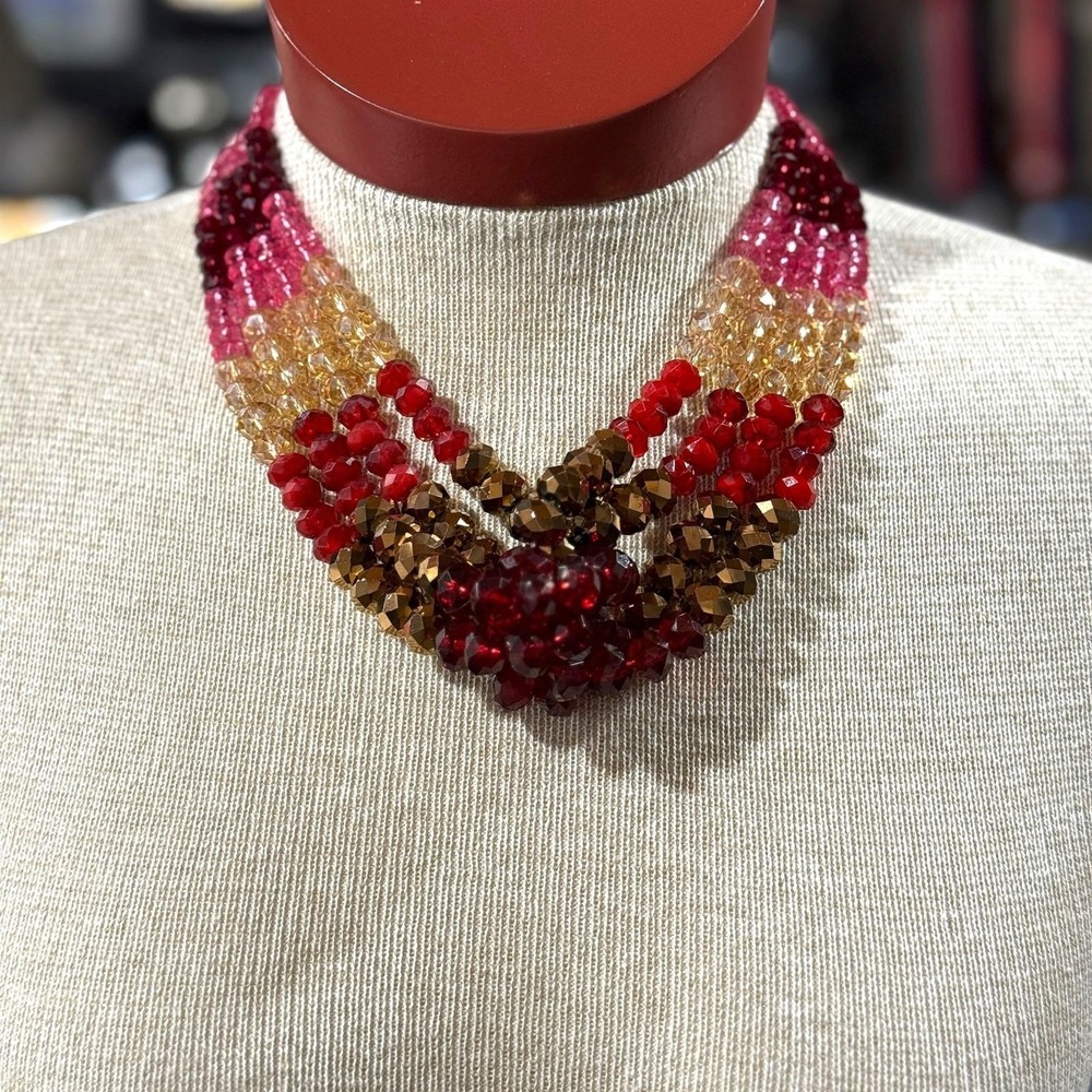 Erica Lyons Necklace Pink Red Gold Glass Faceted Beads Multi Strand Twisted